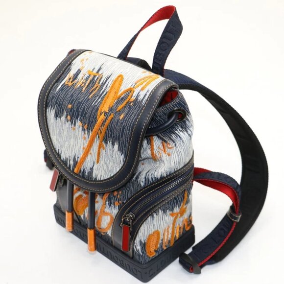 Christian Louboutin Explorafunk Small Denim Backpack - Orange/Navy - Picture 1 of 15